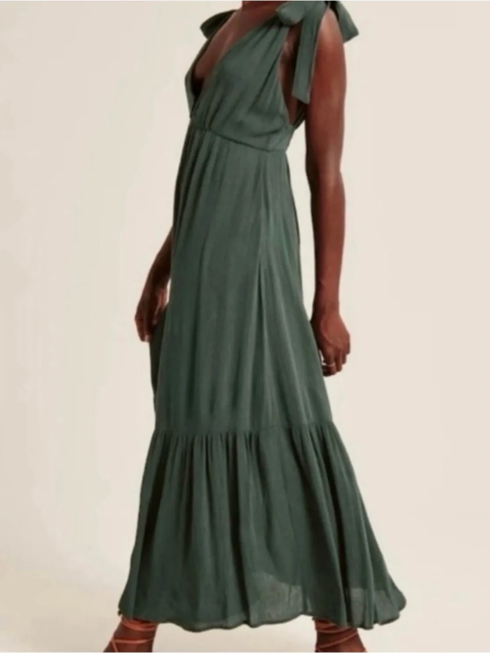 Abercrombie & Fitch Olive Tie-Shoulder V-Neck Maxi Dress